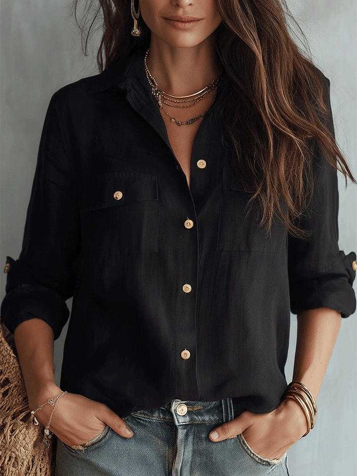 Skye | Casual Elegance Black Cotton-Linen Pocket Shirt