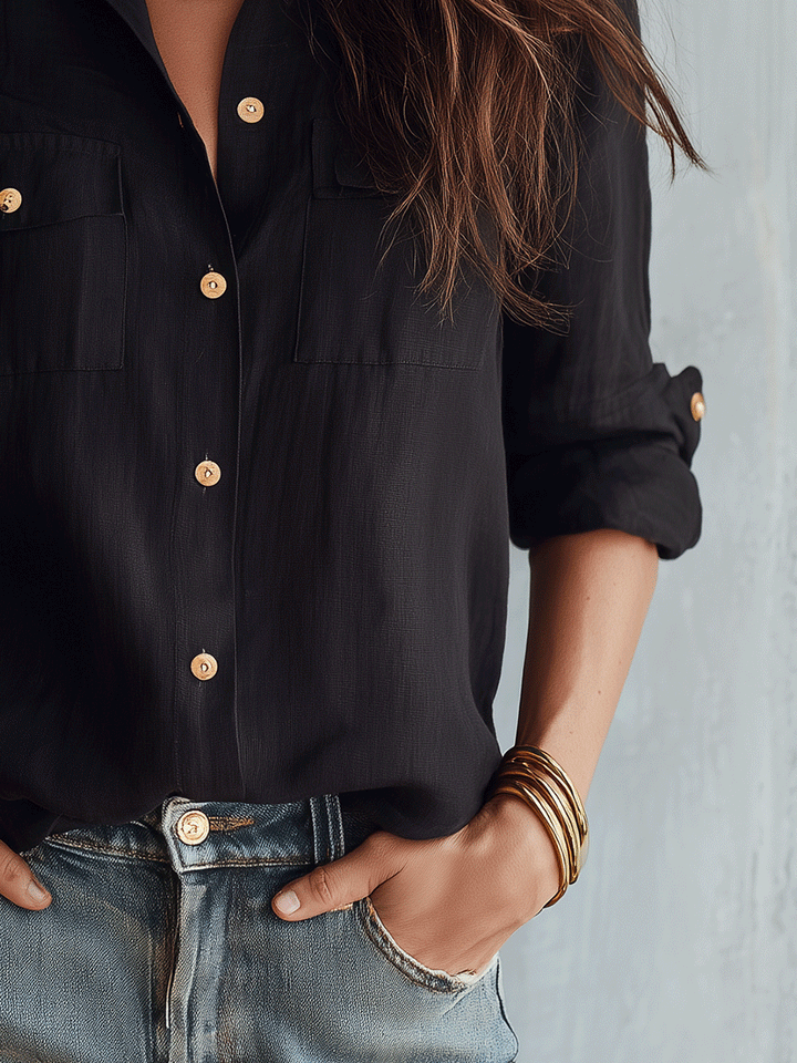 Skye | Casual Elegance Black Cotton-Linen Pocket Shirt