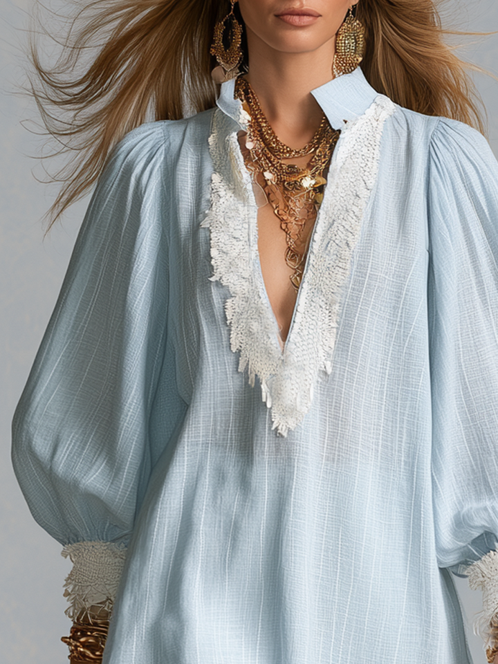 Demi | Bohemian Blue Lace-trimmed Shirt