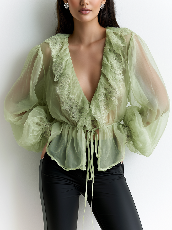 Xara | Elegant Organza Deep V-Neck Ruffled Slimming