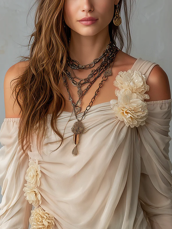 Isabella | Bohemian Draped Off-Shoulder Floral Chiffon Blouse