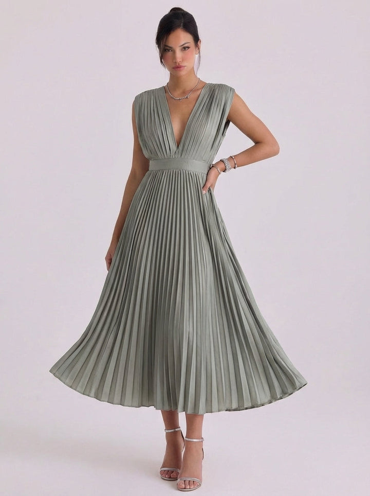 Stacey | Chiffon Pleated V-Neck Midi Dress