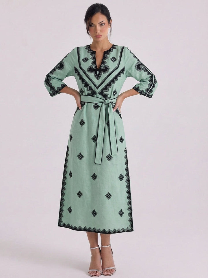 Quinn | Linen Embroidered Belted Midi Dress