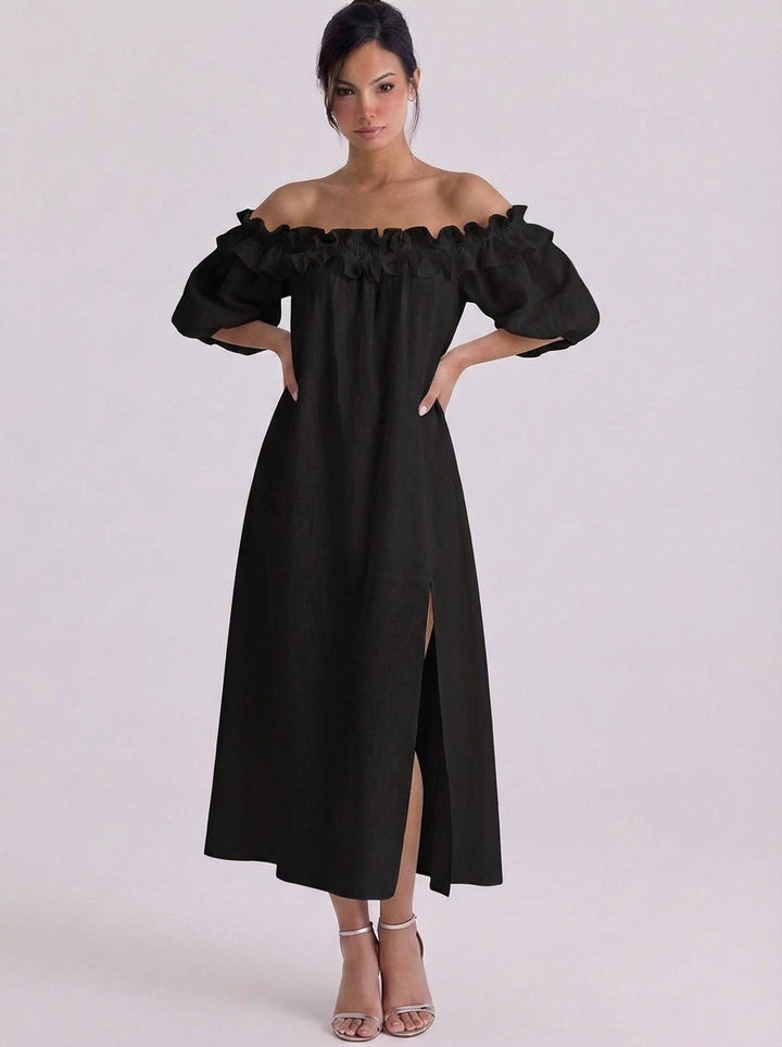 Faith | Linen Off-Shoulder Ruffle Midi Dress With Puff