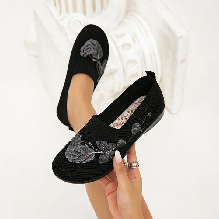 Eleanor | Embroidered Floral Knit Flats