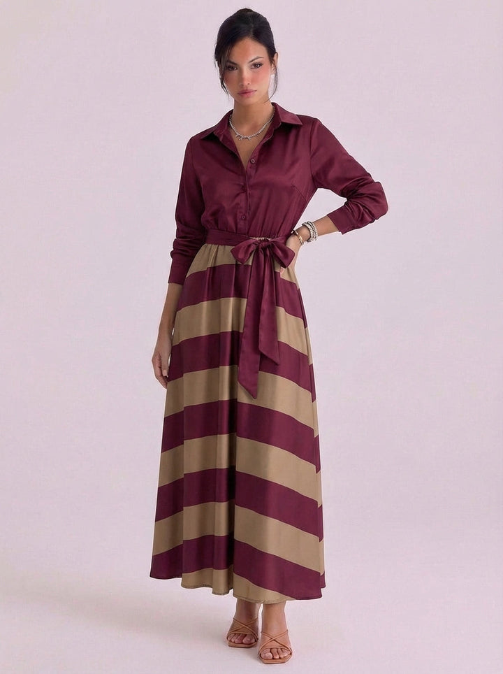 Amelia | Satin Button Front Maxi Dress With Striped Skirt Tie Waist