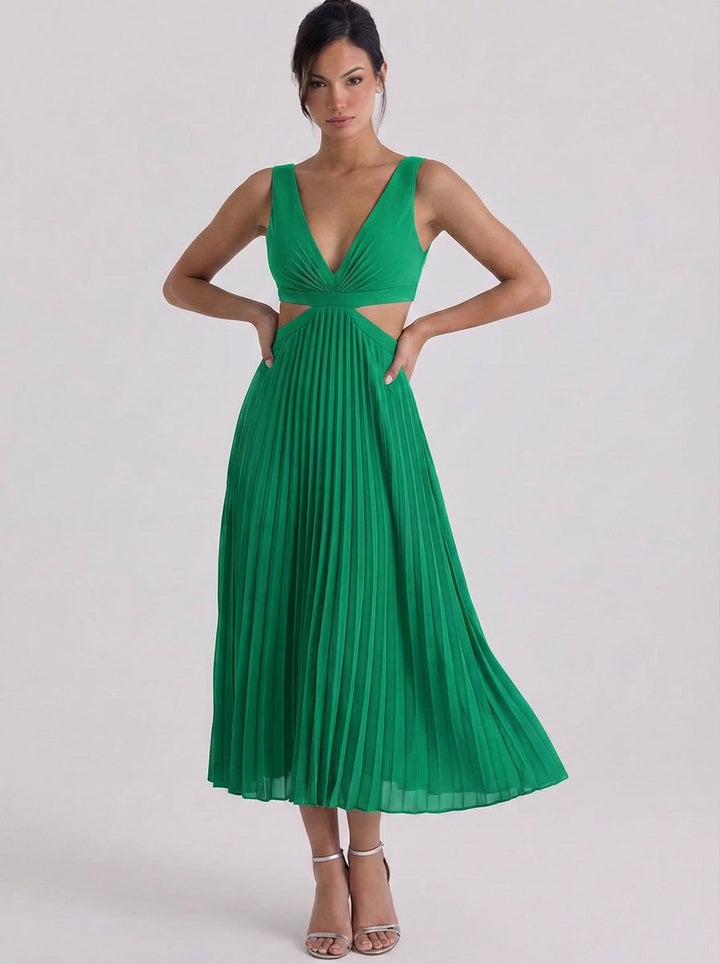 Stacey | Satin Pleated Cutout Midi Dress