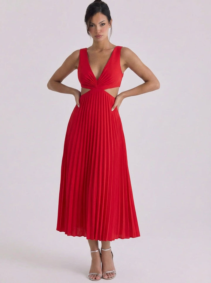 Stacey | Satin Pleated Cutout Midi Dress