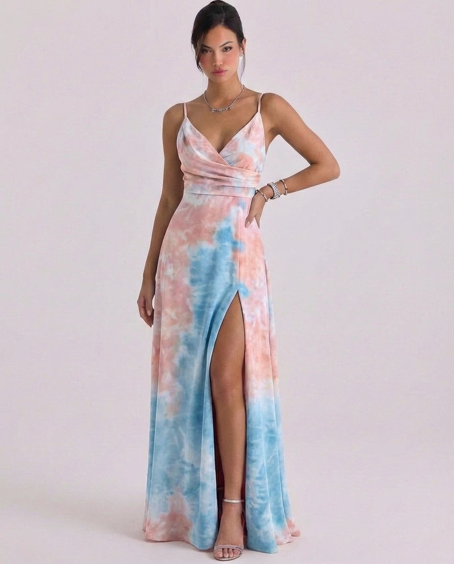 Daisy | Satin Wrap Maxi Dress High-Slit Cami Strap