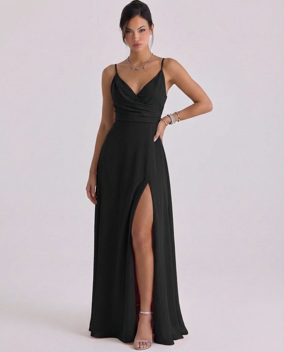 Daisy | Satin Wrap Maxi Dress High-Slit Cami Strap